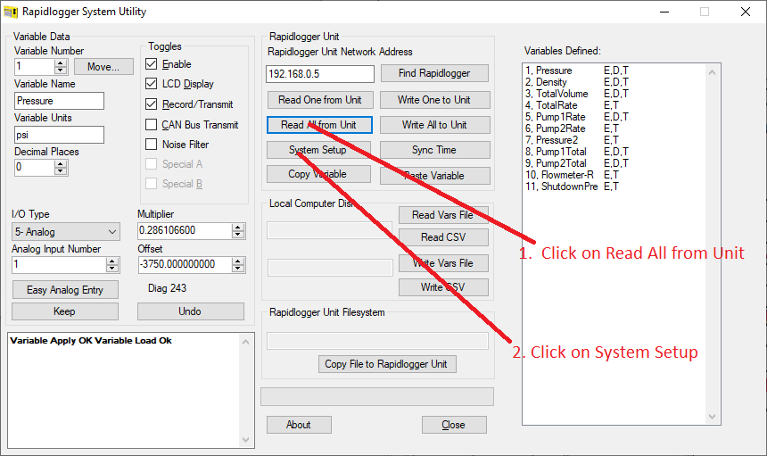 Rapidlogger System Utility dialog